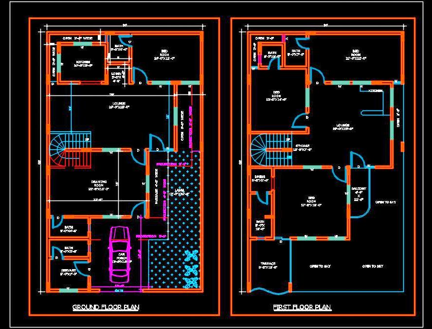 35'x60' Duplex House Layout - Free AutoCAD DWG Files